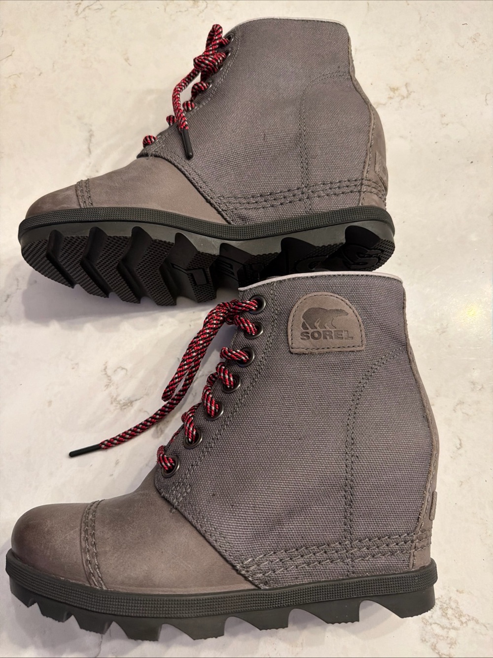 Sorel Gray Canvas & Leather Ankle Booties with Red Accent Laces